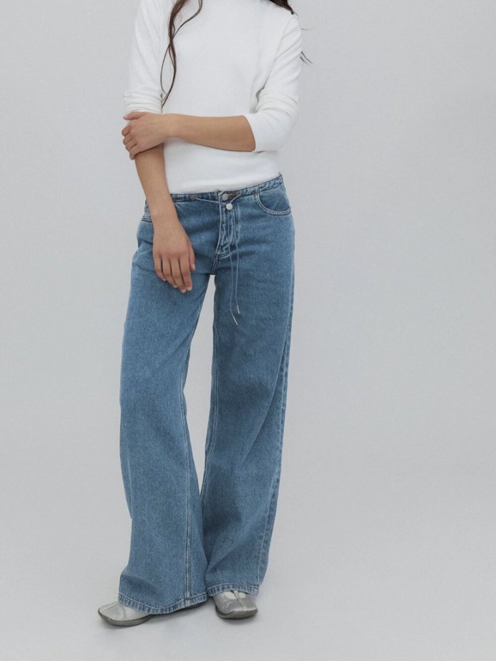 Still Here Cool Jeans Classic Blue Low Rise Drawstring Wide Leg Denim Size 24